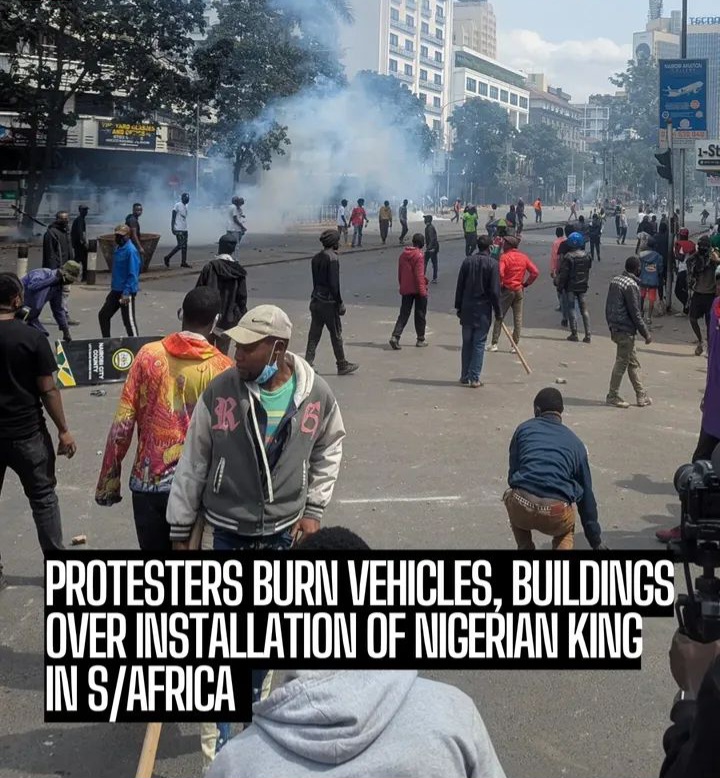 Protesters have torched vehicles and buildings allegedly belonging to foreign nationals in protest against the installation of a Nigerian king in the Eastern Cape, South Africa. Protesters have torched vehicles and buildings allegedly belonging to foreign nationals in protest against the installation of a Nigerian king in the Eastern Cape, South Africa.
